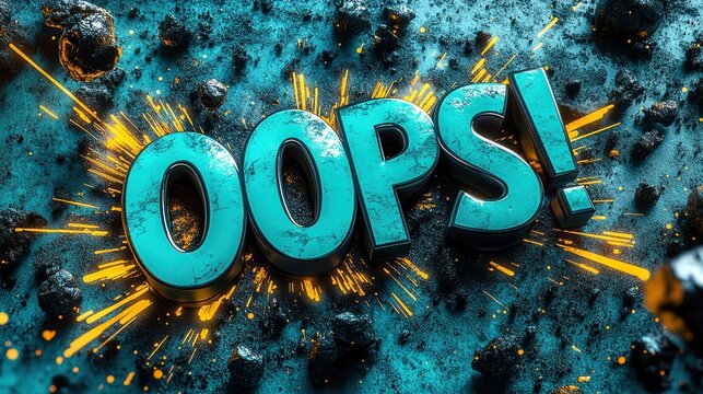 The word 'Oops!' in bold, 3D letters with a blue, textured finish explodes from a dark, rocky surface.