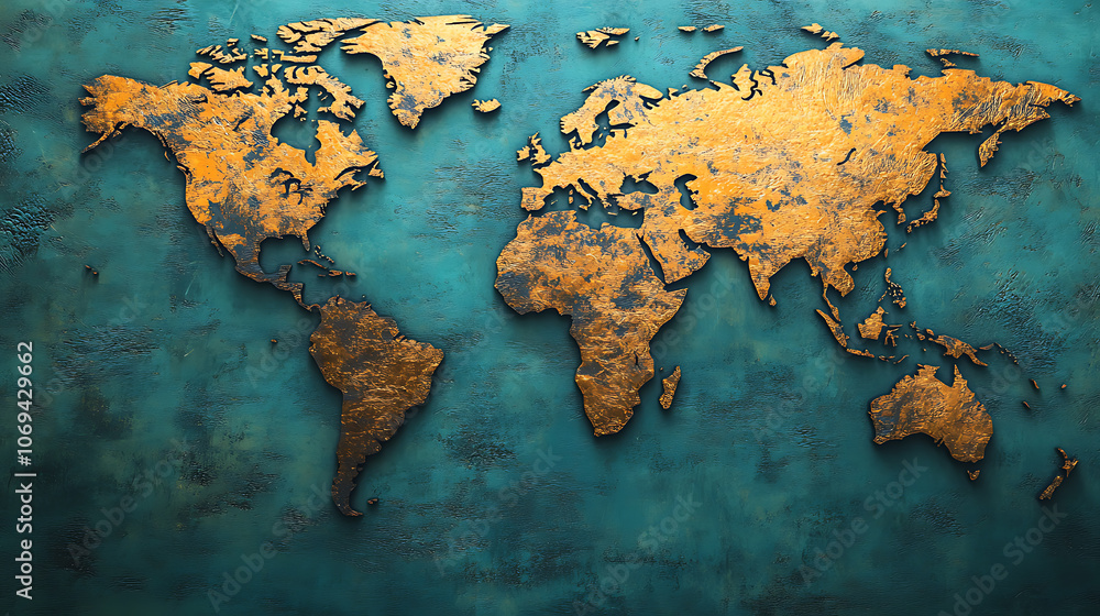 Poster an image of a world map in flat color on a blue background