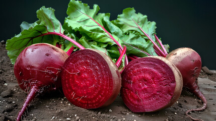 Three red beets are on a table with green leaves. The beets are cut in half and one of them is open