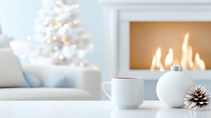 Cozy Winter Interior with White Mug, Fireplace, and Holiday Decor