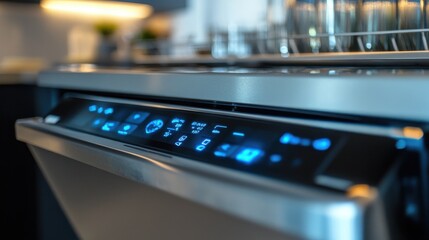 Dishwasher control panel with settings displayed