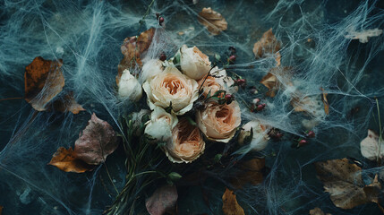 A wilted bouquet scattered with dried leaves and cobwebs.
