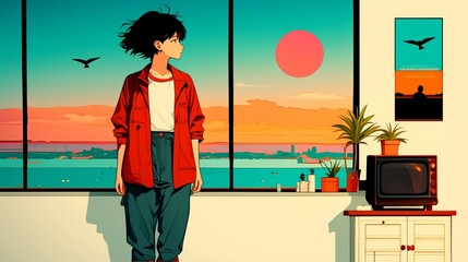 cozy lo-fi anime living room, cyberpunk interior design, retro colors and lighting, sunset outside the window