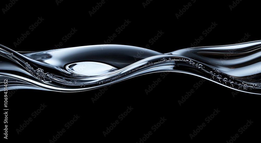 Poster a wave of water flows smoothly against a black background. air bubbles rise through the water, creat