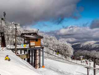 Naklejka premium Snowboarders on a piste on a Japanese ski resort in winter (Zao)