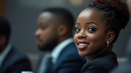 Obraz premium A woman with a smile on her face is sitting in a room with other people. Generative AI