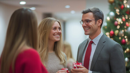 Holiday Cheer and Conversation. A group of colleagues chat and exchange gifts during a festive office Christmas party.