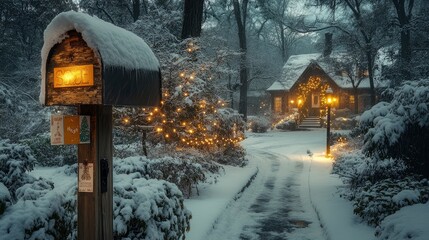 Peaceful winter landscape with cozy cottage and sparkling lights at dusk