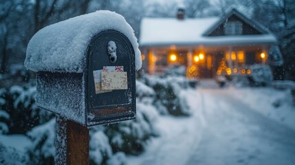 Winter mailbox with letters in snowy landscape near a cozy house