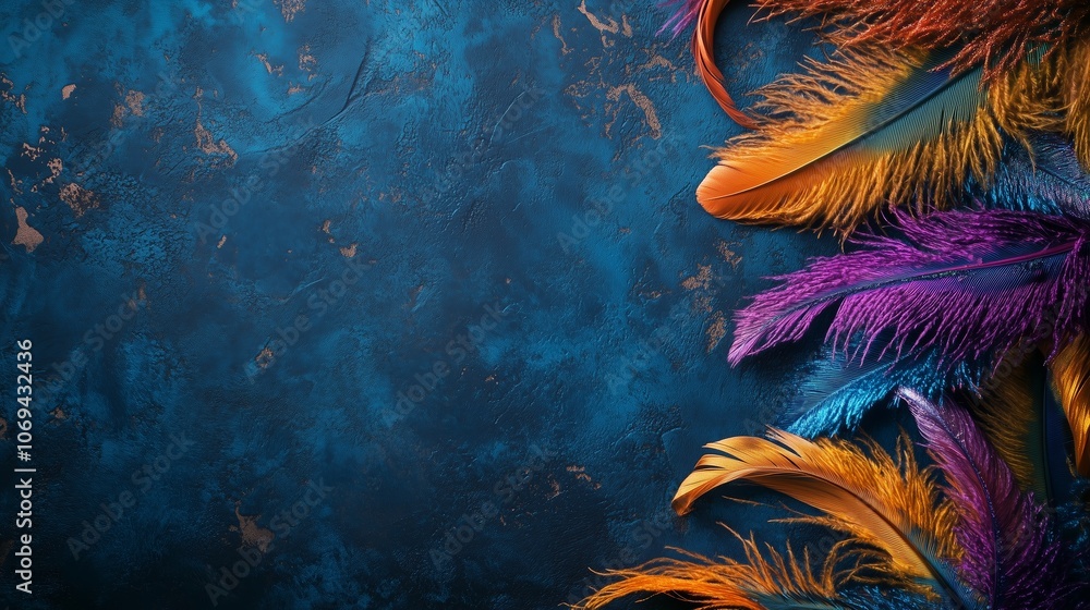 Poster vibrant feathers in various colors arranged on a textured blue background creating an eye-catching a