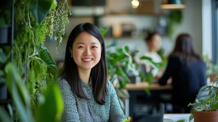 A woman is sitting in front of a plant and smiling. Generative AI