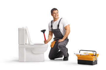 Plumber using a plunger for a clogged toilet