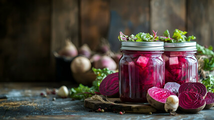 Two jars of pickled beets, topped with fresh herbs, sitting on a wooden board with more beets and spices.