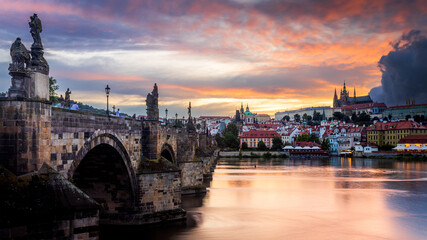 Sunset in Prague, Czechia from the Charles Bridge (Karlův Most).
