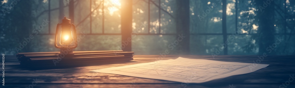 Poster a warm lantern illuminates a textured paper on a wooden table, surrounded by a misty forest backdrop