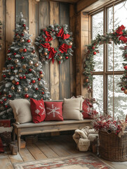 Świąteczna aranżacja z choinką i prezentami na podłodze