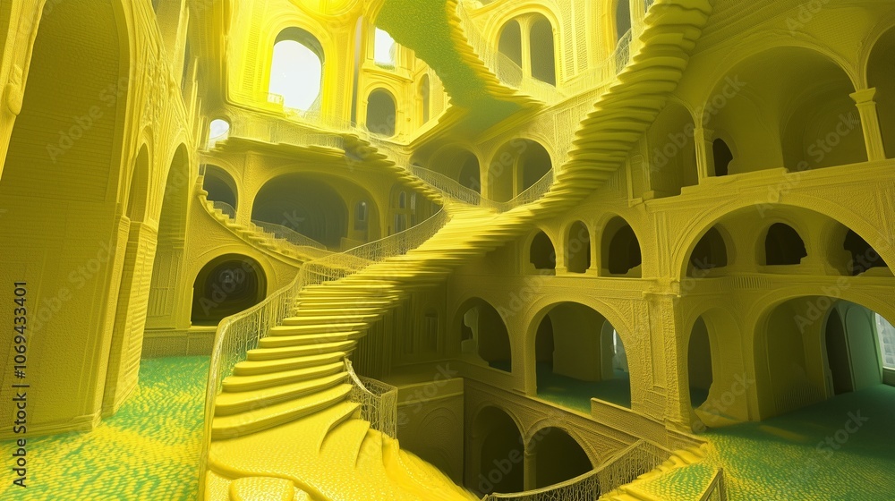 Poster a surreal yellow spiral staircase winding through an intricately designed architecturally unique bui