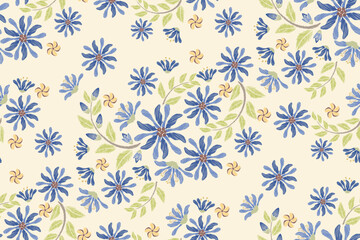 Blue floral wallpaper pattern damask vintage ethnic flowers motif textured victorian modern design hand drawn vector illustration.