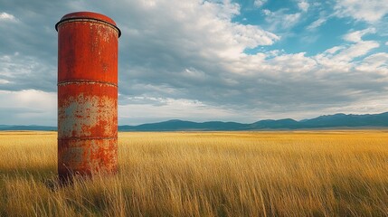 Old Rusted Water Tower in Field with Mountains and Dramatic Sky