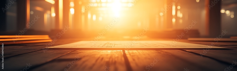 Poster a warm glow of sunlight streams through a rustic space, illuminating wooden flooring and creating an
