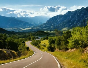 Obraz premium long winding scenic road through the mountains, clouds and blue sky landscape photo