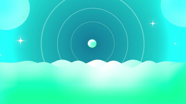 Abstract art depicts a teal sphere above light blue waves under a night sky.