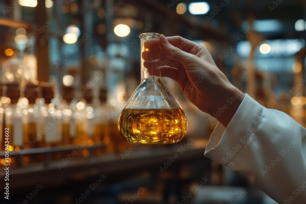 Poster scientist holding flask with yellow liquid in laboratory setting