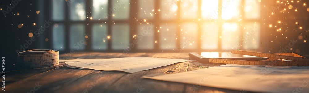 Poster a warm-lit workspace features scattered papers and creative tools, illuminated by sunlight streaming