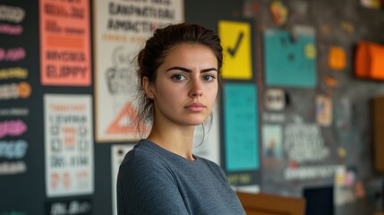 Woman with Serious Expression in Modern Workspace