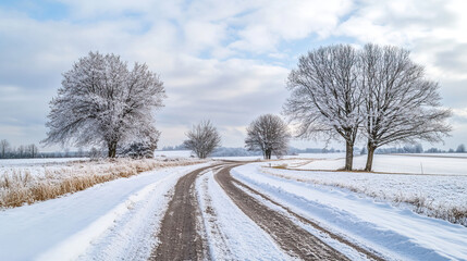 Obraz premium Winter Wonderland A Beautiful Snowy Road Adorned with Frosty Trees Amidst Natures Beauty