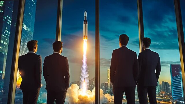 Four businessmen in suits watch a rocket launch from a high-rise office window at night, symbolizing ambition and innovation in a modern city setting. The scene conveys a sense of progress and future