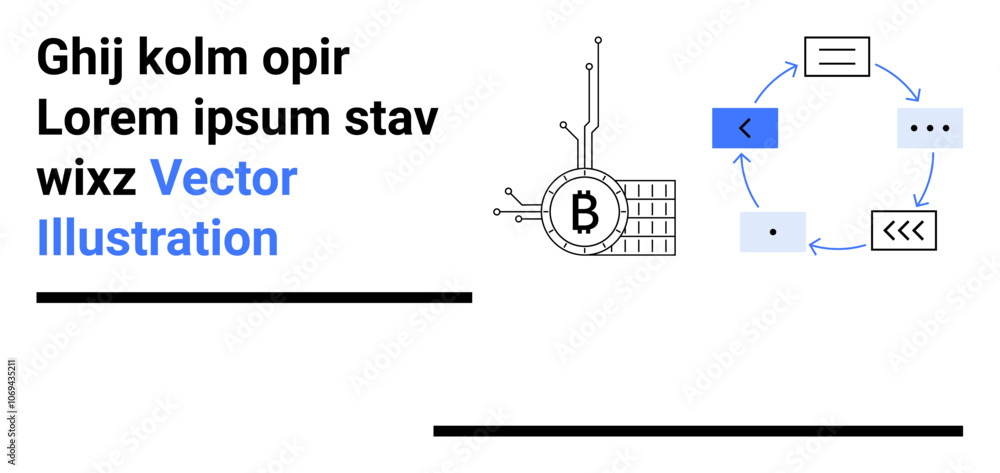 Poster bitcoin symbol connected to circuits, flow of programming elements forming a cycle. ideal for tech s