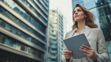 Fototapeta premium Confident Woman Holding Tablet in Urban Setting