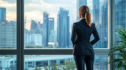 Fototapeta premium Businesswoman in Suit Overlooking City Skyline