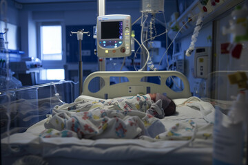 A peaceful baby resting in a hospital nursery bed, a premature newborn in neonatal intensive care, modern present-day technology