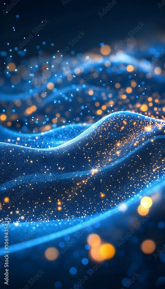 Poster abstract image of blue waves with floating particles for a dynamic tech feel -