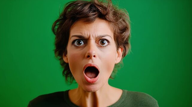 Woman with curly hair is displaying a range of shocked expressions on a green screen background, ideal for conveying surprise or astonishment