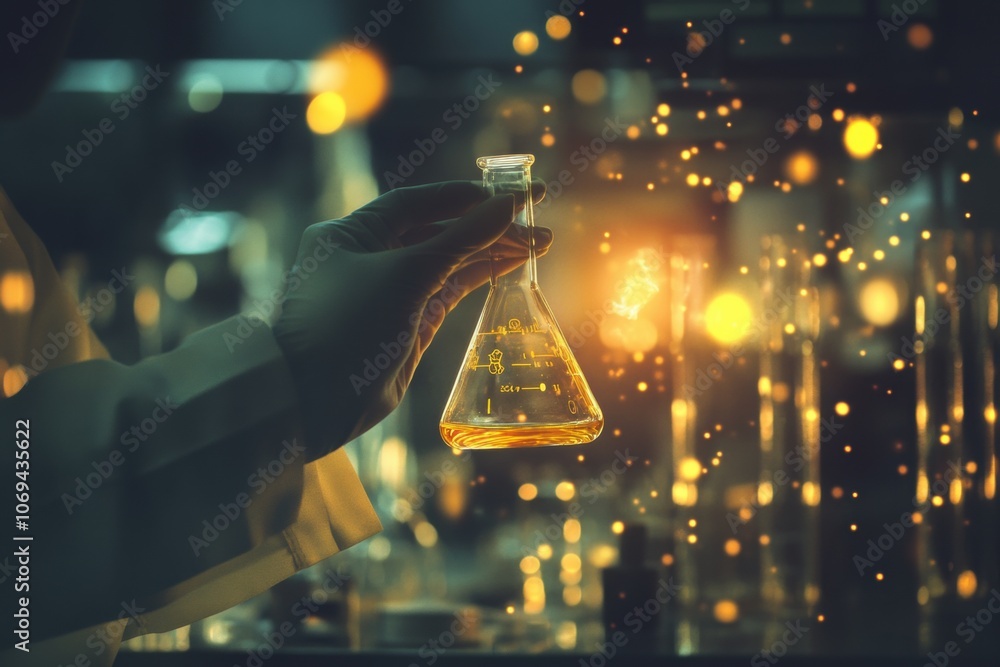 Poster scientist holding erlenmeyer flask containing yellow liquid in laboratory setting