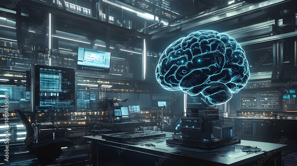 Poster artificial intelligence brain in a factory lab for research and innovation -
