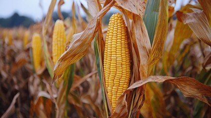 Golden corn on the cob ready for harvest in a sunlit field during autumn