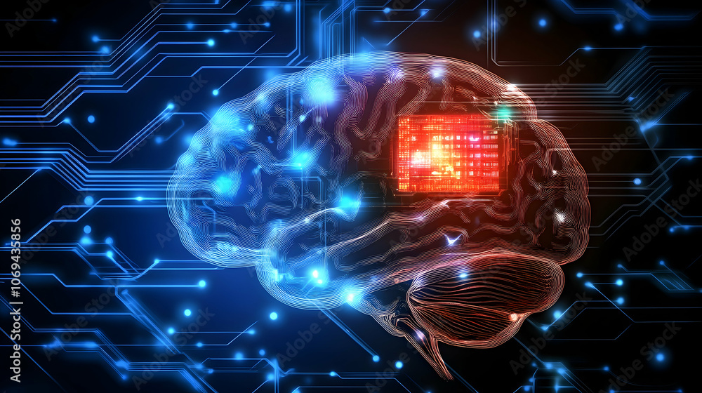 Poster big data and ai concept showing a glowing human brain fused with a processor -