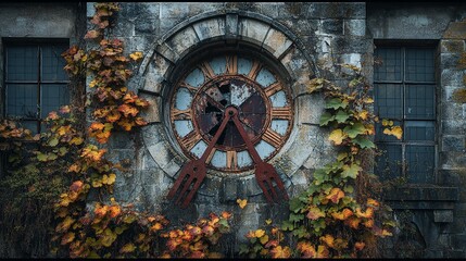 Obraz premium Abandoned Clock Tower with Rusted Hands and Vines Growing on Stone Facade