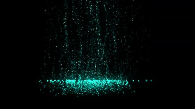 Teal particles cascading, settling on a dark surface. Ideal for science, technology, and abstract design concepts in video productions.