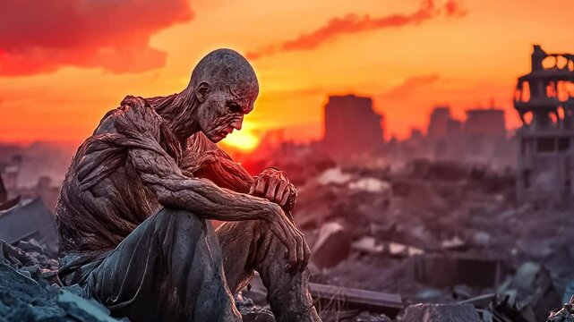 A weathered sculpture sits in reflective pose amidst fiery sunset-lit ruins, evoking a deep sense of solitude and the fragility of civilization in a devastated environment.