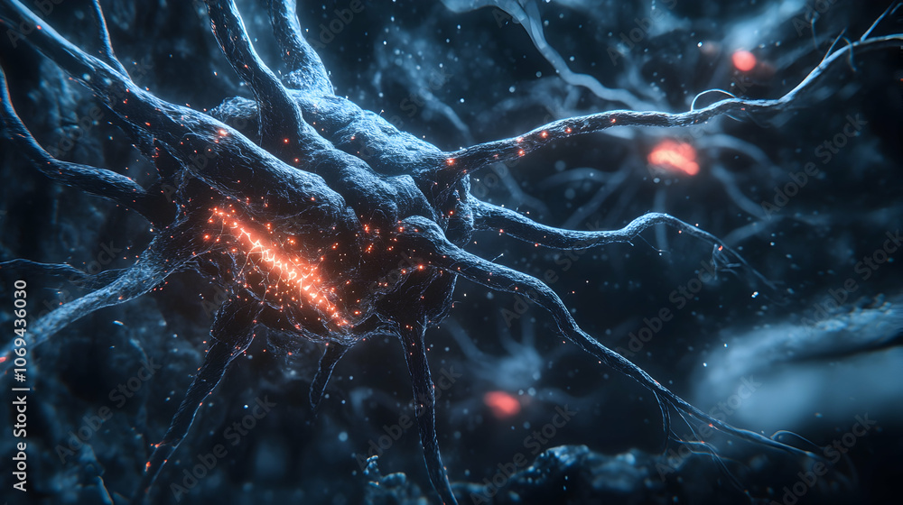 Poster brain with glowing neural connections on a dark background representing neural activity -