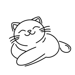 Cute and funny cat in linear style. Flat vector illustration on white background