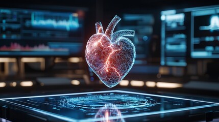Smart device projecting detailed 3D holographic heart, floating amidst advanced monitors, vibrant digital readouts, minimalist design