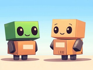 Two cute, cartoonish robots smiling against a blue sky background.
