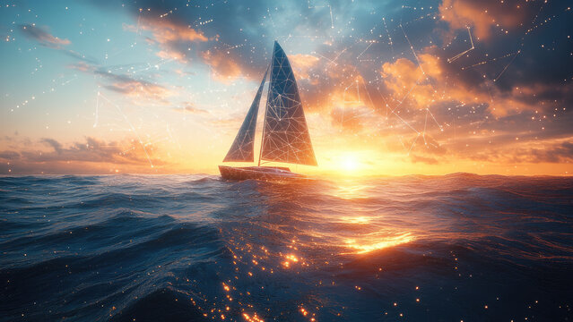 Sailboat at Sunset with Digital Network Overlay on Calm Ocean Waves - Powered by Adobe