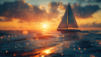 Sailboat at Sunset with Digital Network Overlay on Calm Ocean Waves